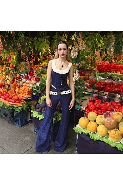 LARA ARI Ekru Kemer Detaylı Işıltılı İspanyol Paça Pantolon