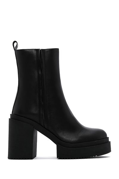 Derimod Black Thick Heeled Zippered Women's Leather Boots - 24wfd 550518