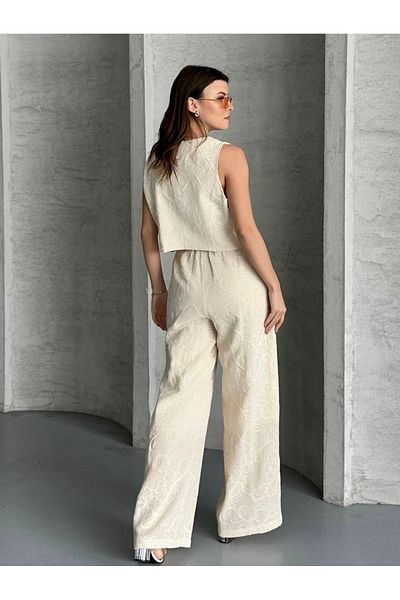 HandCo Women's Embroidered Palazzo Trousers Stone Color Lined