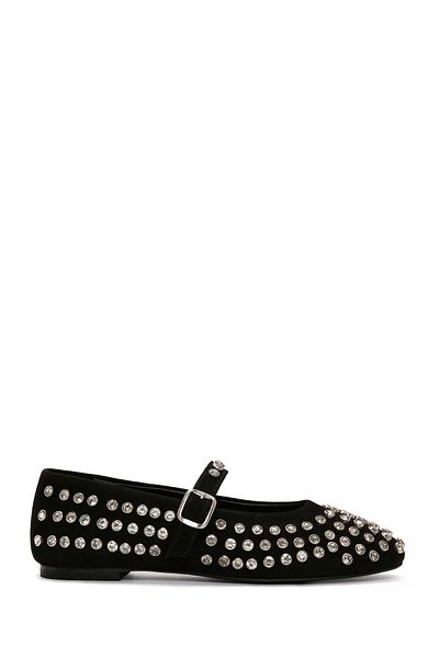 Derimod Women's Black Stone Genuine Leather Summer Ballerina Shoes 24Wfd140014