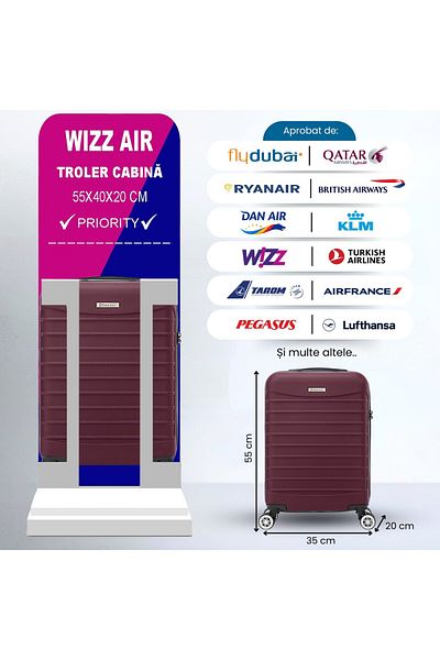 Quasar & Co. Set 2 Trolere Cabina,40x30x20cm Roti Detasabile/55x36x20cm,cifru,abs,visiniu