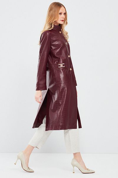 Derimod Colette Women's Burgundy Crocodile Patterned Leather Top Coat 24Sgd5182Y8
