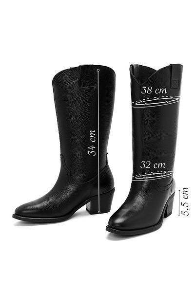 Derimod Women's Black Leather Thick Heeled Cowboy Boots 24Wfd1405Ft