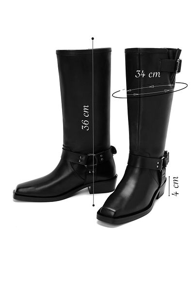 Derimod Women's Black Buckle Detailed Leather Cowboy Boots 24Wfd 152818