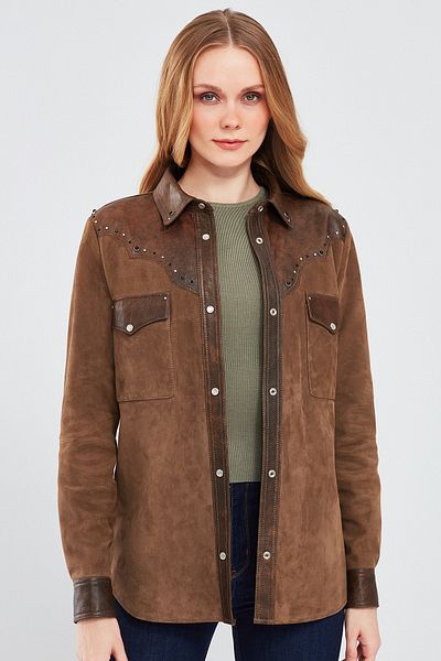 Derimod Western Women's Suede Leather Shirt Jacket - Brown, Style 24sgd 519610