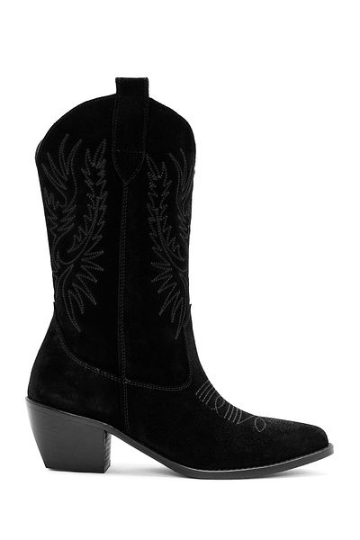 Derimod Women's Black Suede Leather Heeled Cowboy Boots 24Wfd 152610