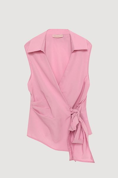 Quzu Double Breasted Collar Tie Sleeveless Blouse Pink