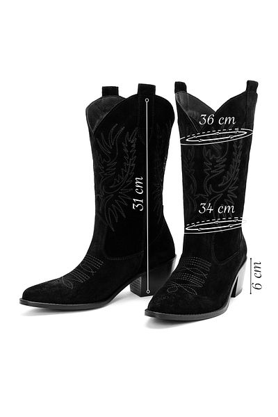 Derimod Women's Black Suede Leather Heeled Cowboy Boots 24Wfd 152610
