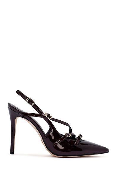 Derimod Women's Burgundy Open Back Thin Heeled Patent Leather Genuine Leather Shoes 24Wfd120516