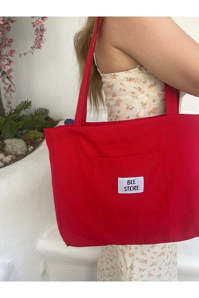 bee store Red Lined, Pocketed, Suitable for Daily Use, Cloth, Fabric Bag, Arm and Shoulder Bag