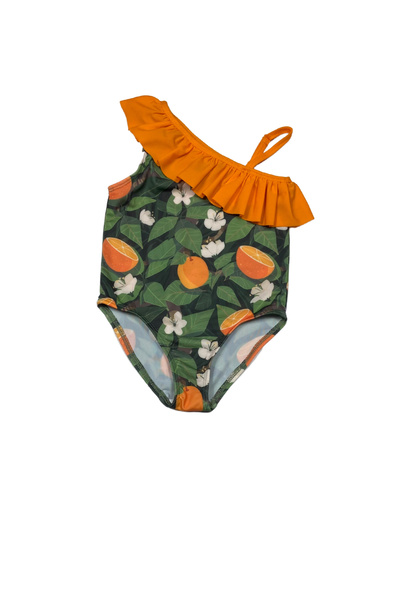 Milk & Muffin Portakal Desenli Siyah Zemin Renkli Kız Çocuk Mayo