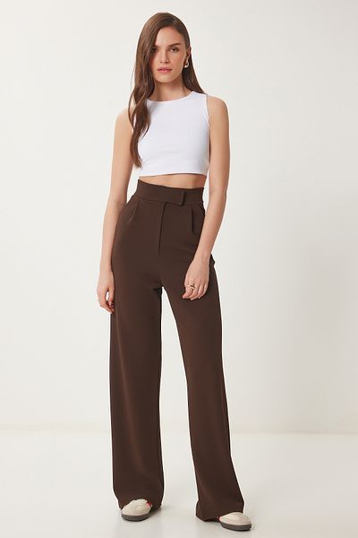 Lovelyİstanbul Relaxed Fit Brown Palazzo Trousers - Velcro Waist Lrv0003