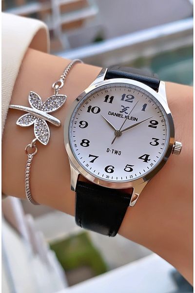 Daniel Klein Mrd11394 Black Color Square Case Leather Cord Women's Wristwatch with Bracelet Gift