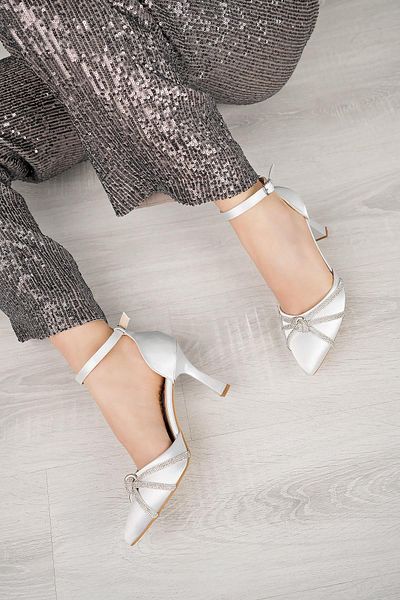 Nesil Shoes Pantofi de damă Elva 228 Silver Satin Stone cu toc