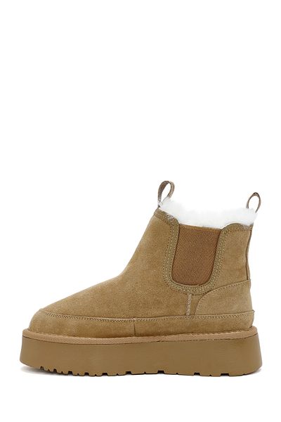 Derimod Women's Tan Thick Soled Shearling Suede Leather Boots 24Wfd 405110
