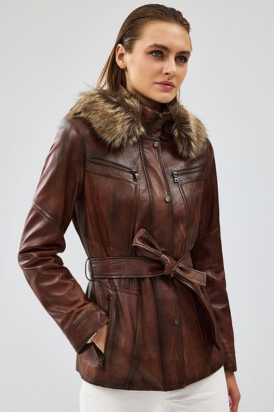 Derimod Rebecca Women's - Brown Hooded Fur Leather Jacket 24Wge5209Nc
