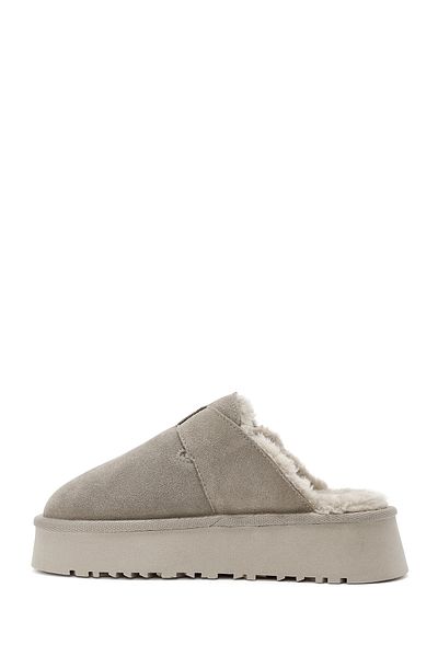 Derimod Women's Mink Thick Sole Fur Detailed Suede Leather Slippers 24Wfd 478010