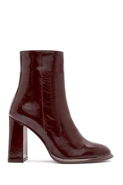 Derimod Women's Burgundy Zippered High Thick Heeled Patent Leather Boots 24Wfd 132516