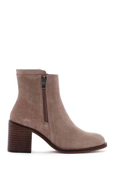 Derimod Women's Beige Zippered Thick Heeled Suede Leather Boots 24Wfd 236010