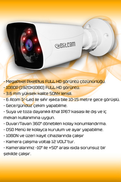 Elitcam 4 Kameralı Kare 4 Dış Kamera Set 250 Gb Hdd Full Hd Gece Görüşlü Güvenlik Kamerası Sistemi