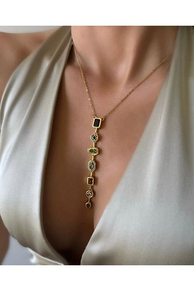 Kyver Colored Stone Necklace Seven Elements Colored Stone Y Necklace Steel Gold