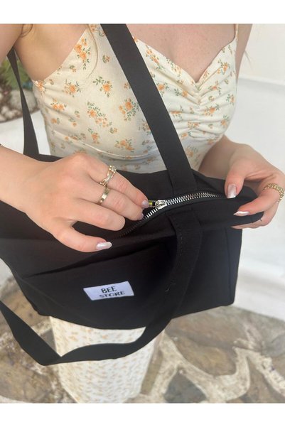bee store Black Lined, Pocketed, Suitable for Daily Use, Cloth Bag, Arm and Shoulder Bag