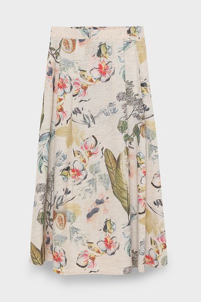 Quzu Fusta Midi din In pliat cu Motiv Floral Natural