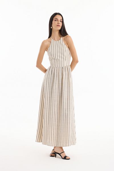 Quzu Halter Neckline Linen Tie Back Striped Long Dress Natural