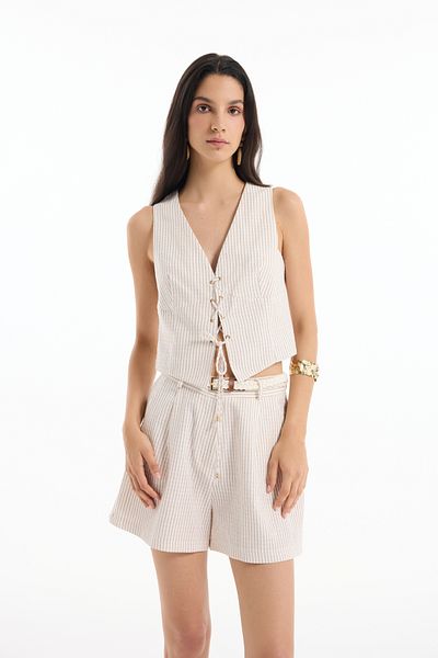 Quzu Strap Tie Striped Linen Sleeveless Vest Natural