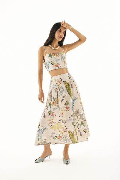 Quzu Fusta Midi din In pliat cu Motiv Floral Natural