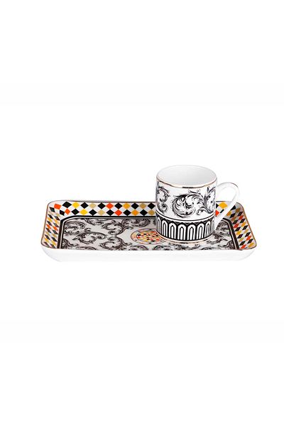 Lucky Art Margery Bone Single Porcelain Baroque Pattern Cup Set with Coffee Tray