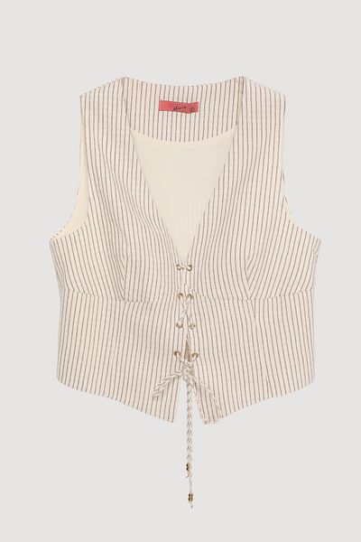 Quzu Strap Tie Striped Linen Sleeveless Vest Natural