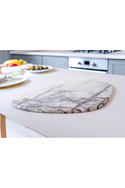 marbelix Rosalinda 30-32cm Marbled White Marble Special Cutting and Presentation Board - Fruit Cheese Serving Presentation Board