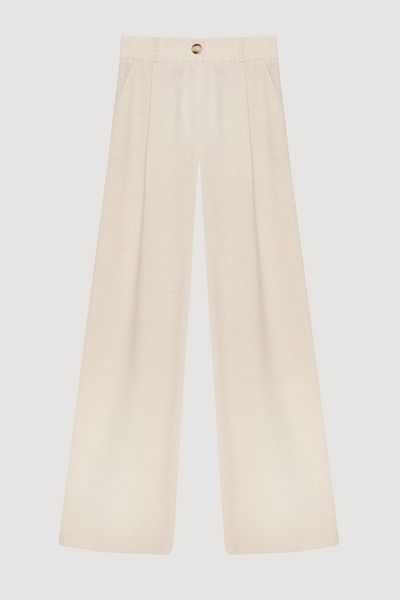 Quzu Plain Linen Trousers with Pile Detail and Pockets Natural