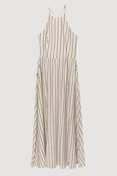 Quzu Halter Neckline Linen Tie Back Striped Long Dress Natural