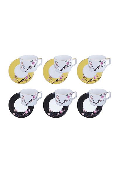 Lucky Art Lucile Black Yellow Bird Patterned Set of 6 Porcelain Teacups