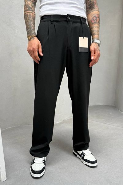 MADZEYMODA Μαύρο φαρδύ πλισέ ανδρικό παντελόνι - KE-1000