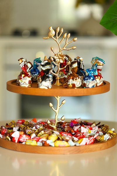 justwood 2 Tiers 25/30 cm Gold Spring Wooden Cake Presentation Stand, Serving Presentation Plate, Catering