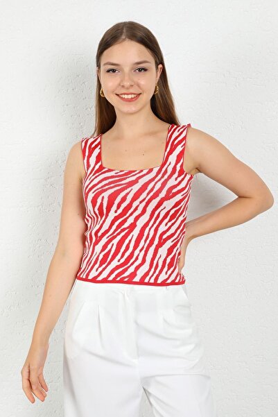 Kaktüs Moda Short Sleeve Knitwear Fabric Zebra Pattern Square Collar Women's Blouse Bady Crop