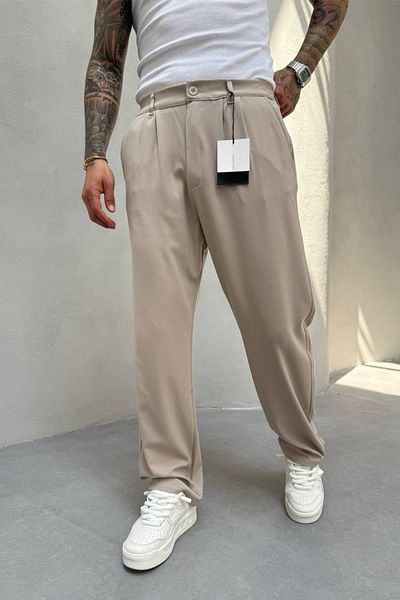 MADZEYMODA Ανδρικό φαρδύ παντελόνι KE-1000 Model - Πλισέ Κρεμ ύφασμα