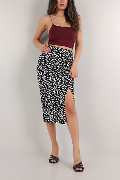 Aslında Look Çiçek Desenli Beli Lastikli Drapeli Yırtmaçlı Etek