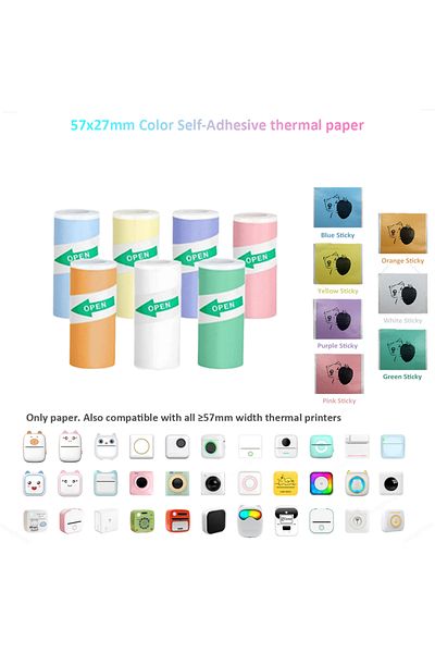 Choice 7rolls Color Sticky Color Label Sticker Mini Printer Thermal Paper 57mm 10ft Self-adhesive Thermal P