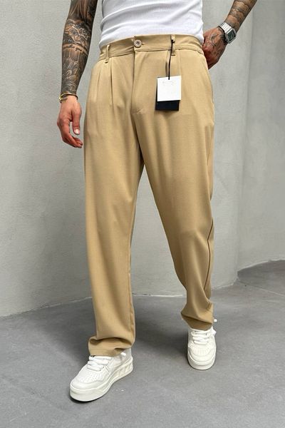MADZEYMODA Men's Baggy Fit Pleated Camel Fabric Trousers Ke-1000