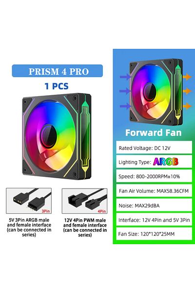 Choice مروحة هيكل كمبيوتر بريزم 4 برو سوداء أمامية أخرى من A-RGB، 120 مم، 5 فولت، 3 سنون، Argb، 4 سنون، Pwm، هادئة