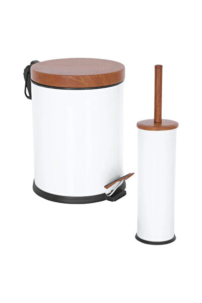 Eforeca Ahşap Kapak 2 Li Çöp Kovası Banyo Seti Beyaz