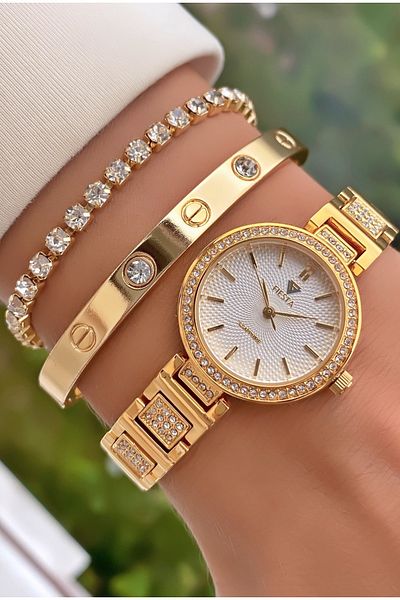 Fiesta Gold Colored Steel Cord Women's Wristwatch and Bracelet Gift
