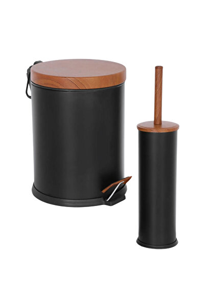 Eforeca Ahşap Kapak 2 Li Çöp Kovası Banyo Seti Siyah