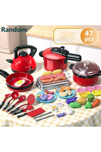 Choice 47pcs Children's Simulation High-detail Red Cooking Kitchen Utensils, Home School Use Chef Pretend P