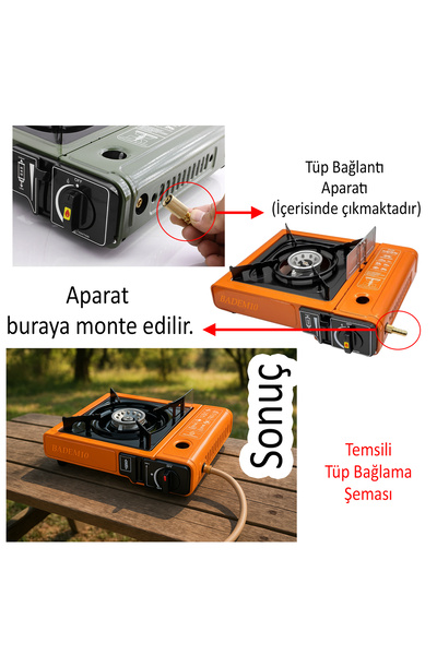 Badem10 Taşınabilir Portatif Kamp Ocağı Tek Gözlü Turuncu Renk 3 Adet Kartuşlu Set Gezi Piknik Ocak