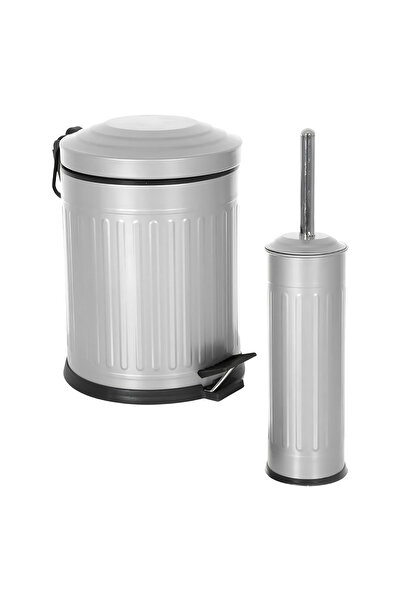 Eforeca Vintage 2 Li Çöp Kovası Banyo Seti Çizgili Gri